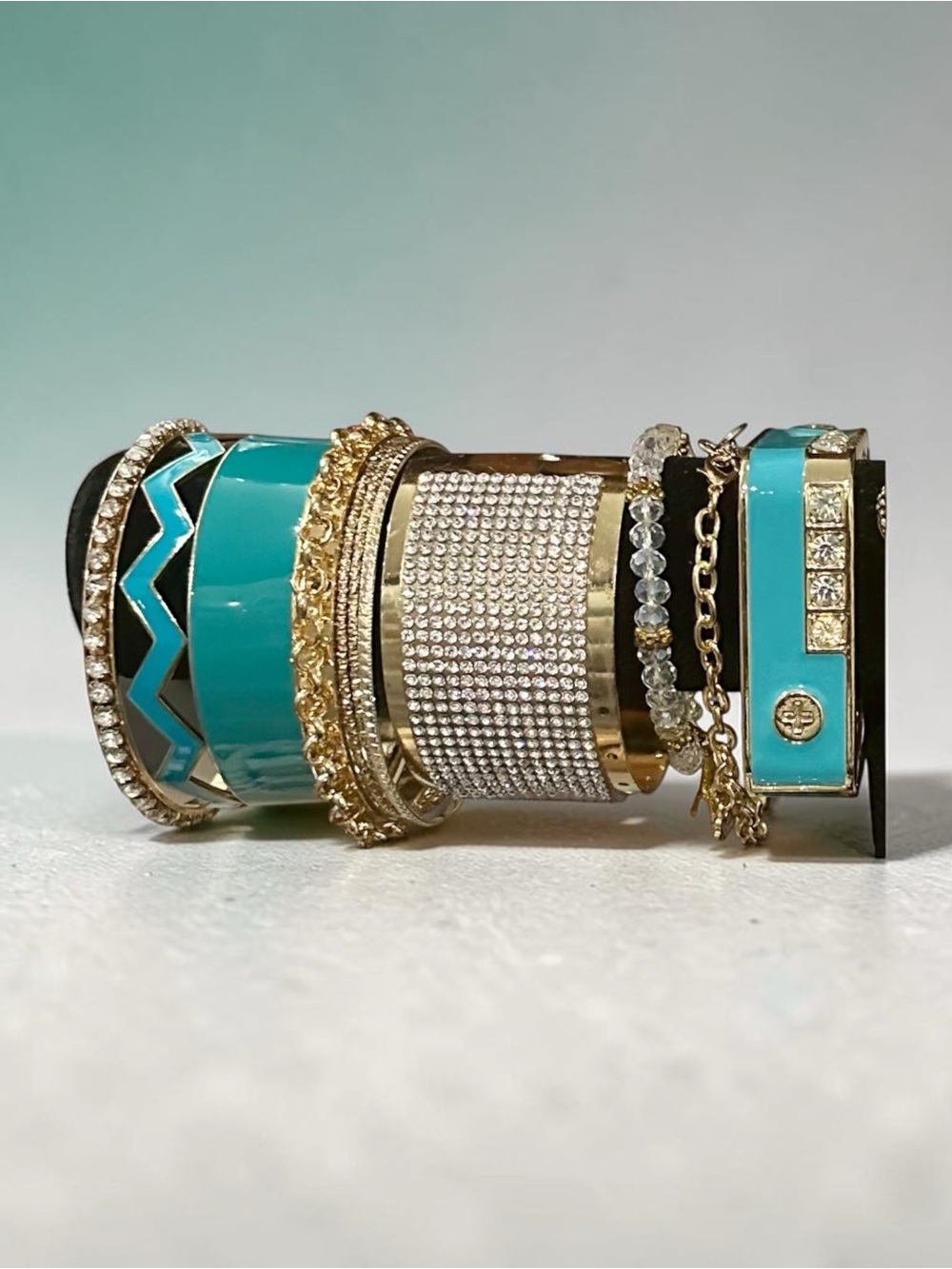 Turquoise Gold Bangle Stack Bracelet Set Rhinestone Enamel Boho Statement